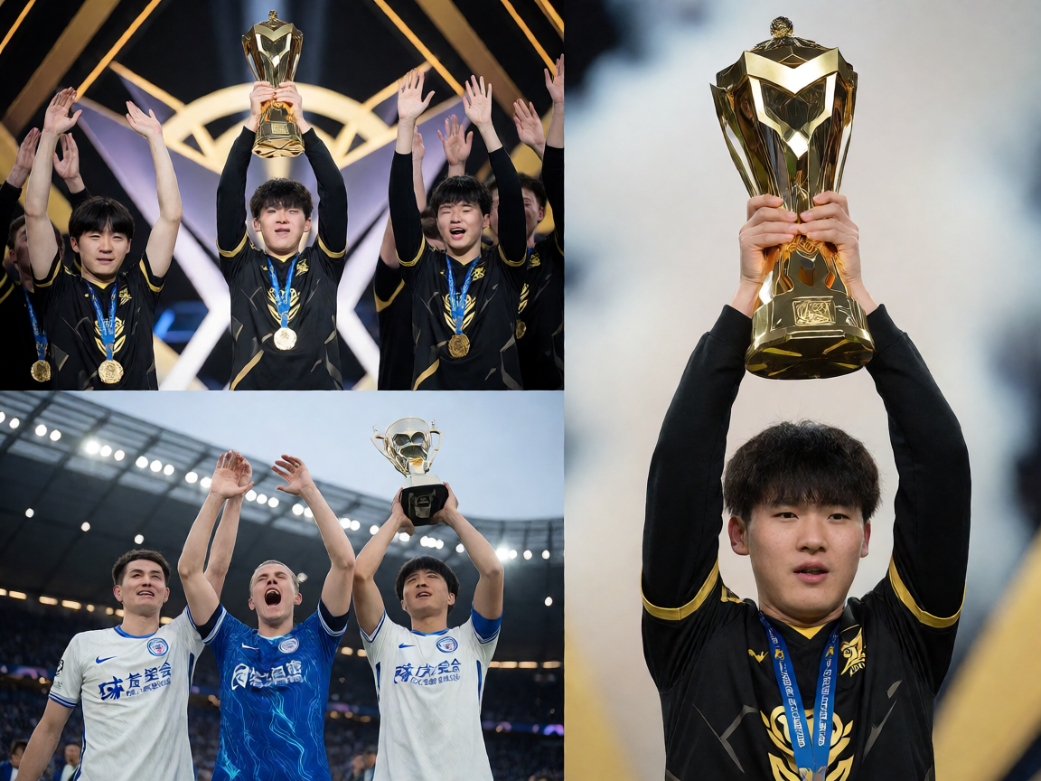 电竞比赛胜利时刻，选手高举奖杯庆祝